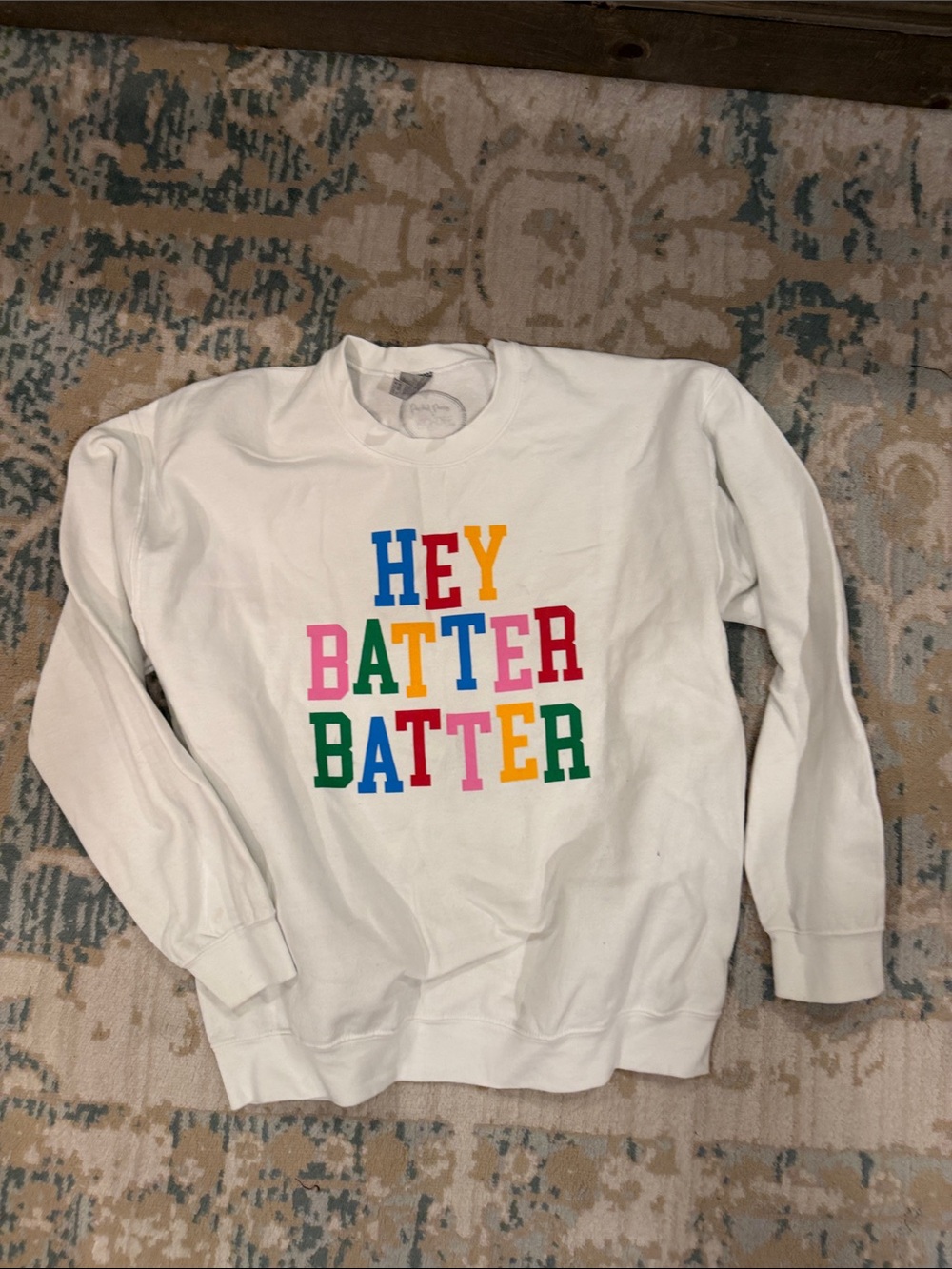 White 'HEY BATTER BATTER' Crewneck Sweatshirt - Multicolor Lettering